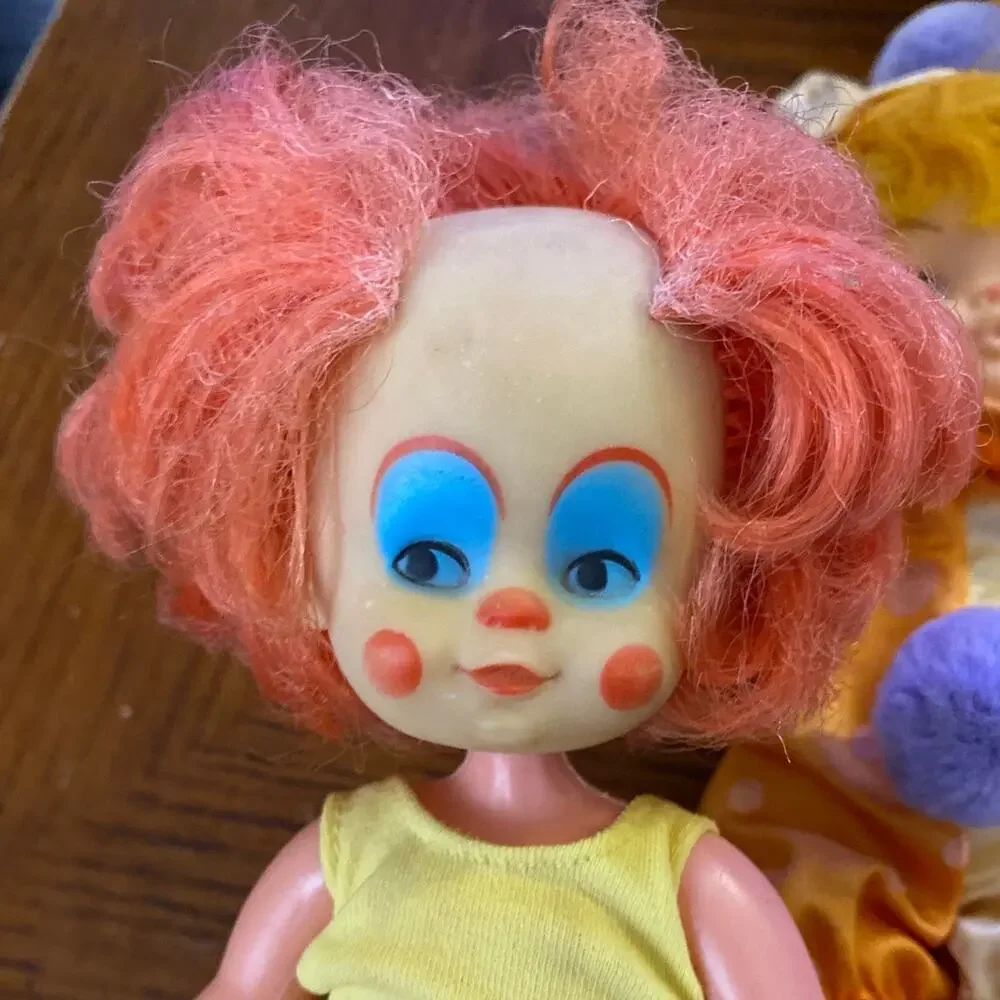 Vintage Clown Doll Lot BoBo 1970s Rubber Dollies Red Orange Hair Pom poms